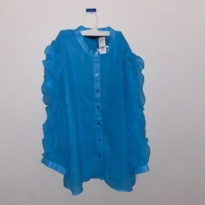 New York blue ruffled long sleeves blouse button up grunge whimsygoth formal top